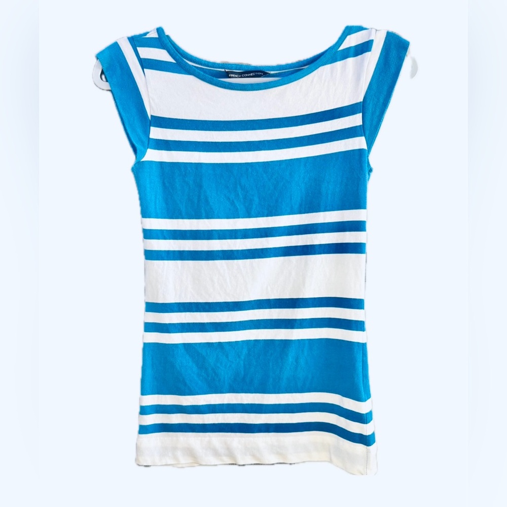 French Connection Nautical Blue & White Striped Cap Sleeve Fitted Tee